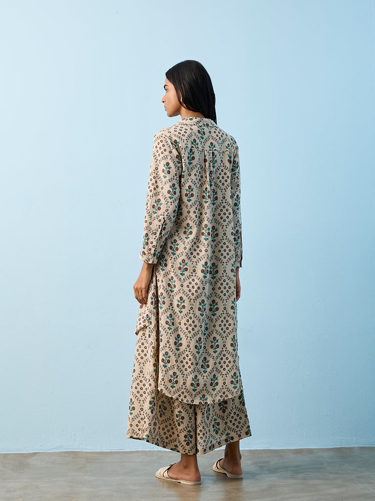 Utsa Taupe Botanical Design High-Low Cotton Kurta