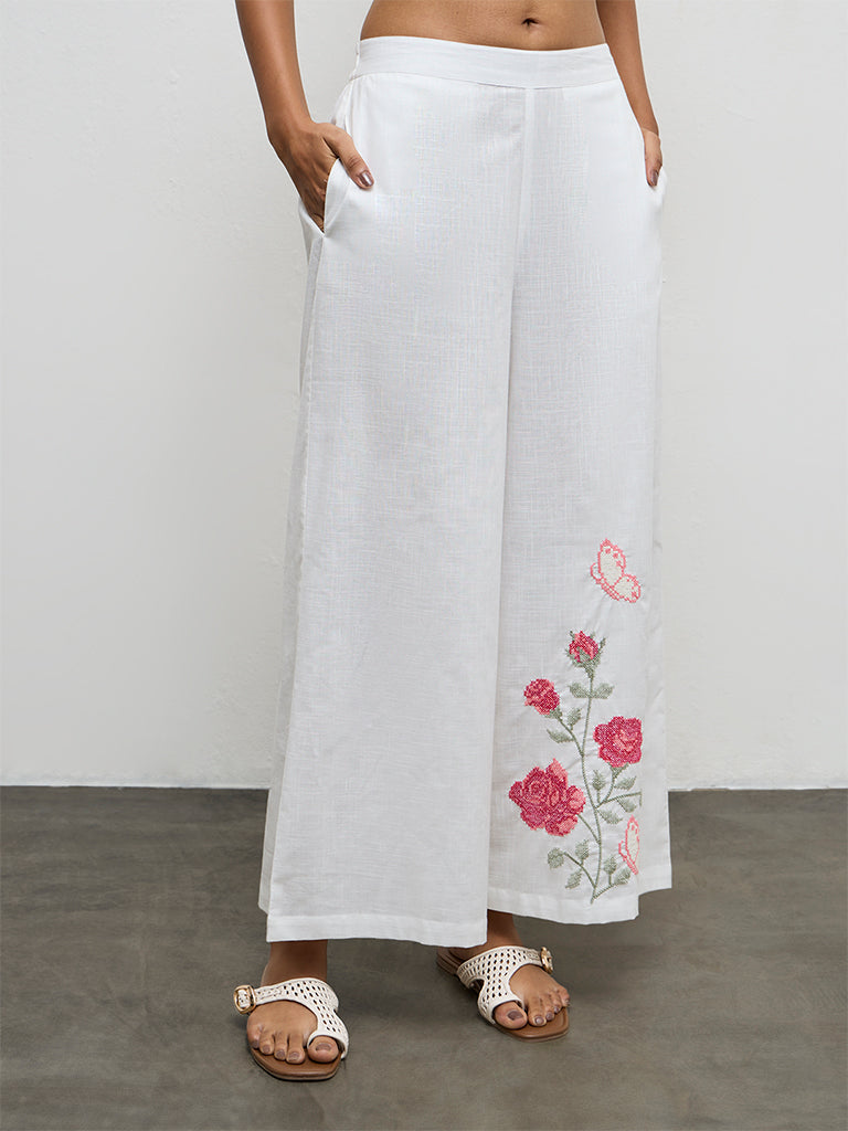 Utsa White Floral Embroidered Cotton Pants