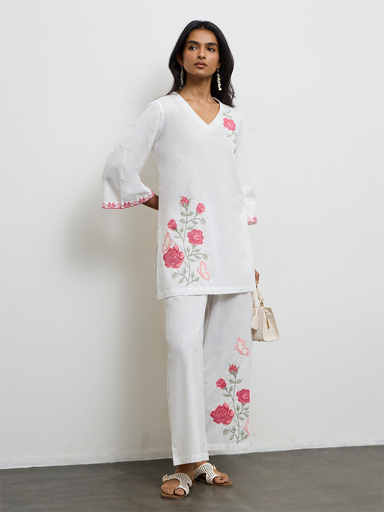 Utsa White Floral Embroidered Cotton Pants