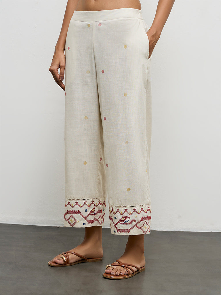 Utsa Off-White Embroidered Cotton Pants