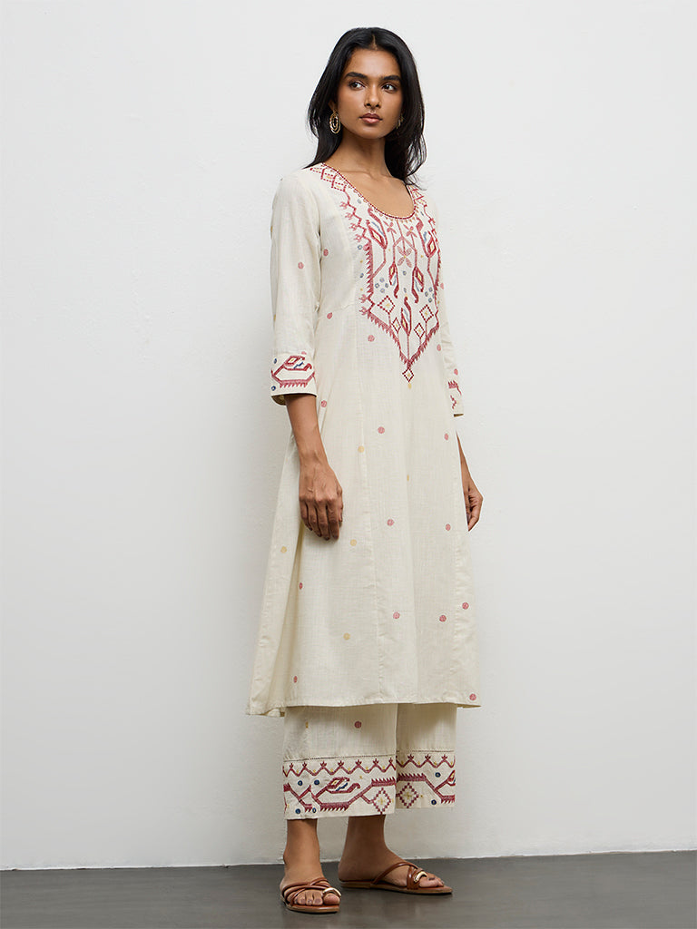 Utsa Off-White Embroidered Cotton Pants