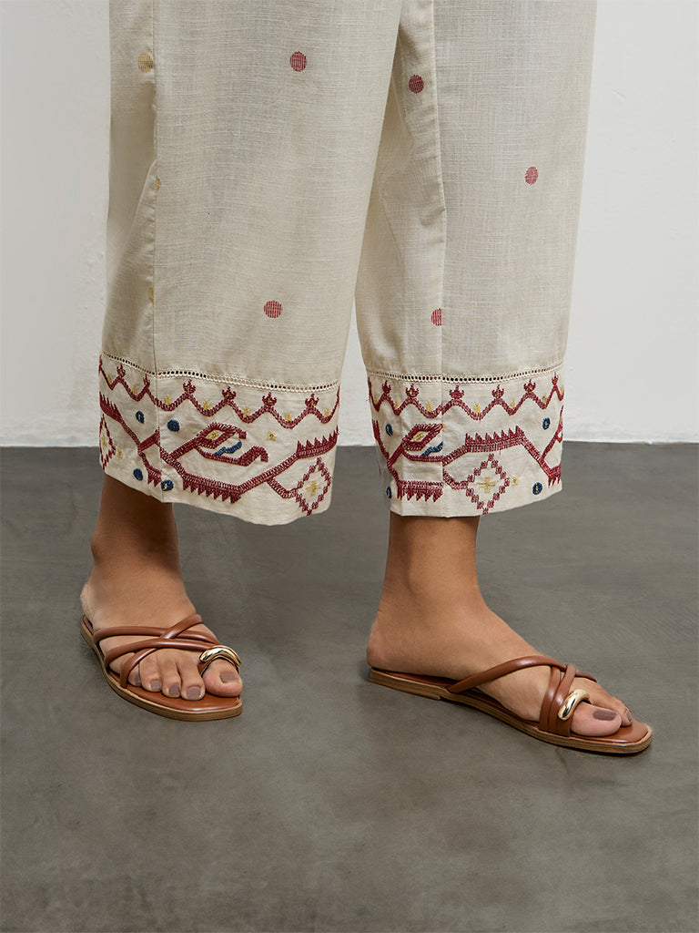 Utsa Off-White Embroidered Cotton Pants