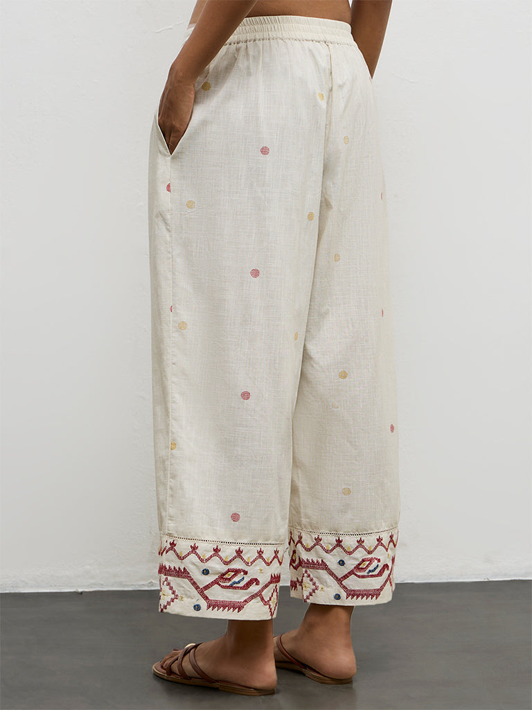 Utsa Off-White Embroidered Cotton Pants