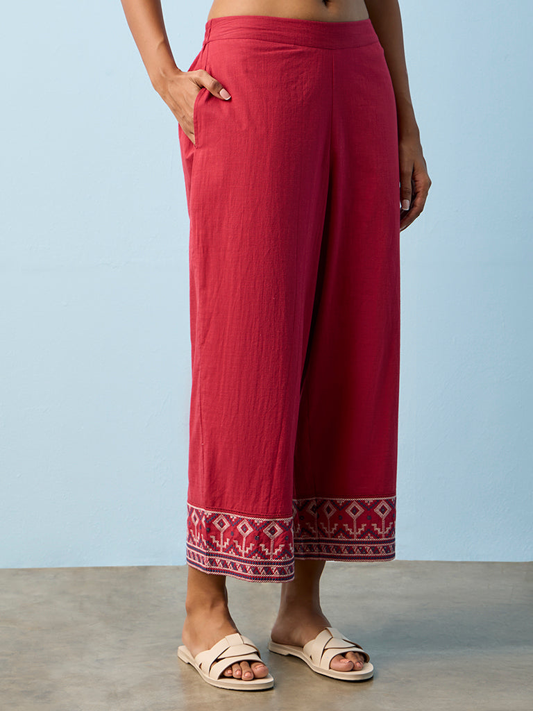 Utsa Red Aztec Embroidered Cotton Pants