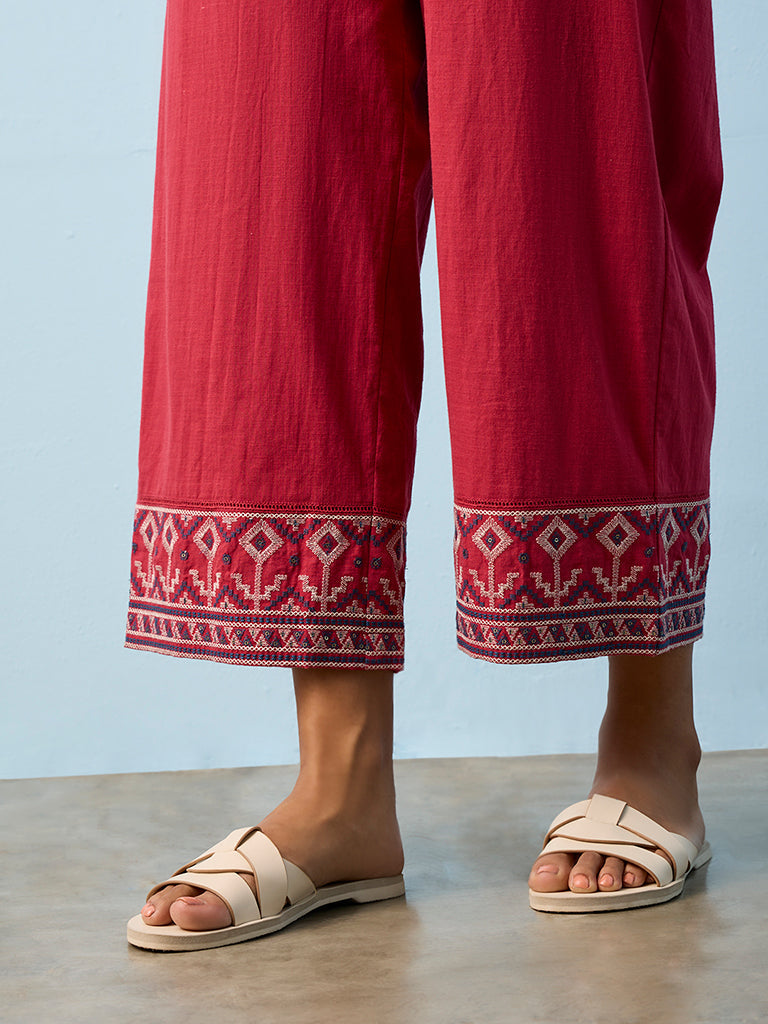 Utsa Red Aztec Embroidered Cotton Pants