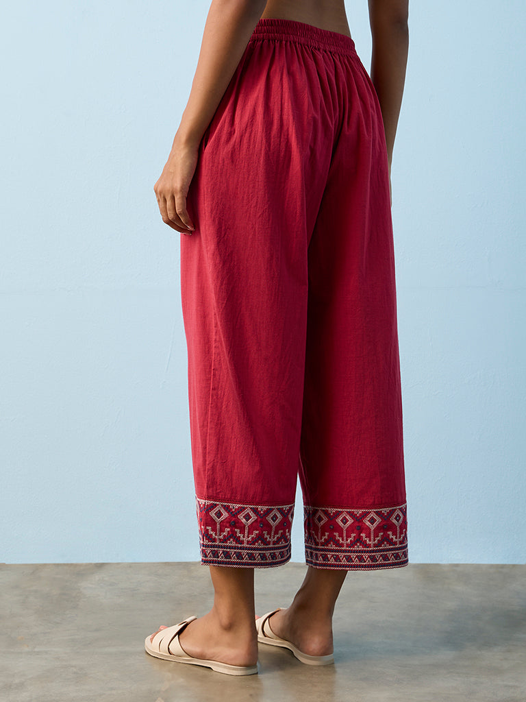 Utsa Red Aztec Embroidered Cotton Pants