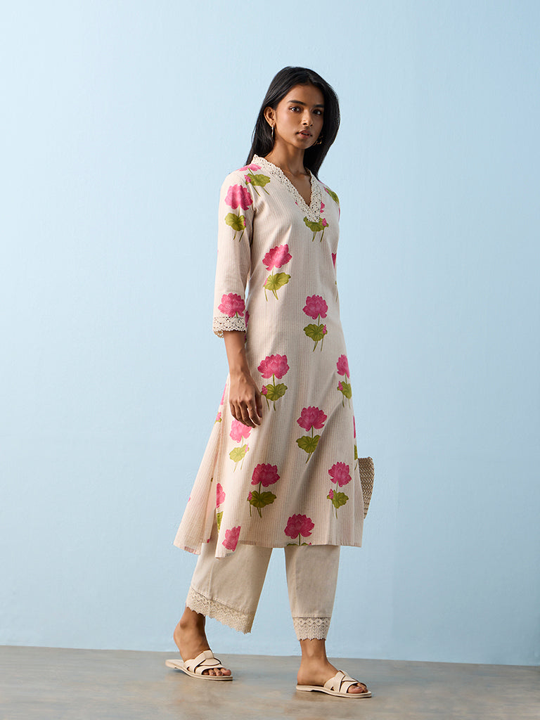 Utsa Off-White Floral Printed Cotton-Blend A-Line Kurta