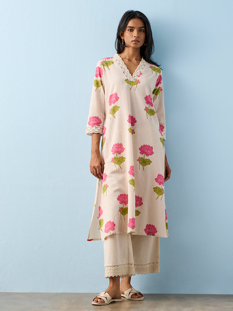 Utsa Off-White Floral Printed Cotton-Blend A-Line Kurta