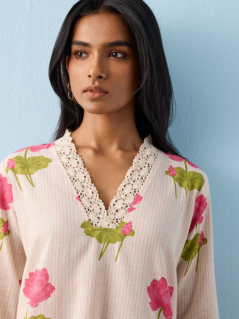 Utsa Off-White Floral Printed Cotton-Blend A-Line Kurta