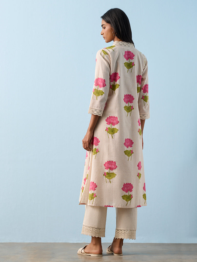Utsa Off-White Floral Printed Cotton-Blend A-Line Kurta