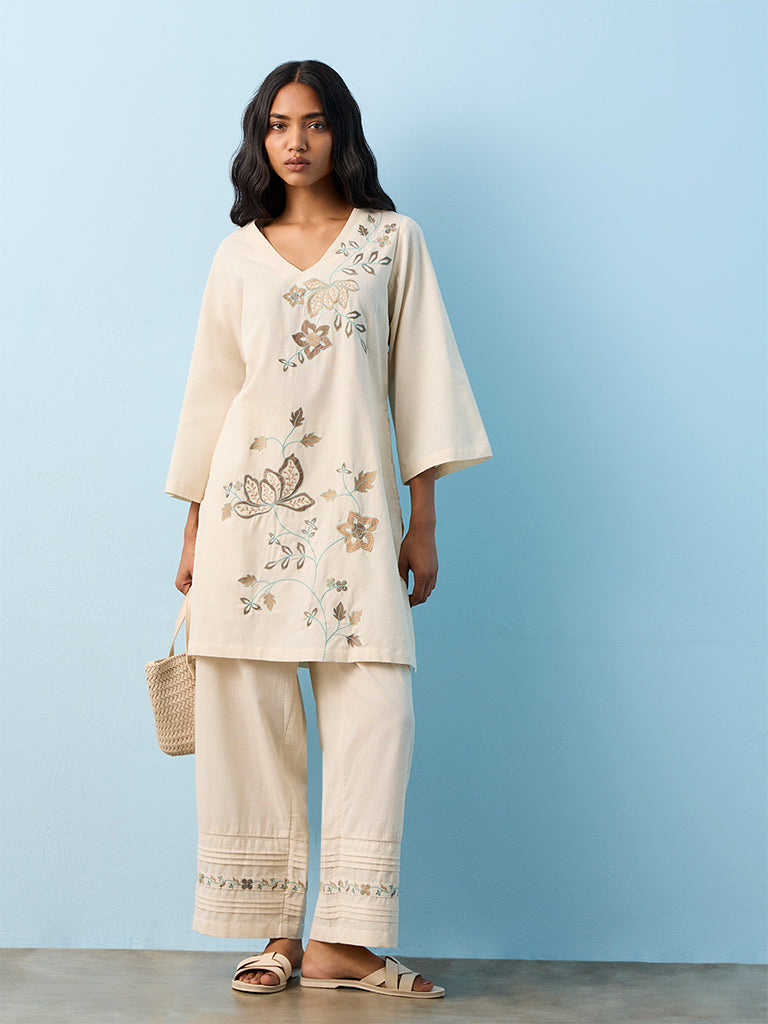 Utsa Off-White Floral Embroidered Cotton-Blend A-line Kurti
