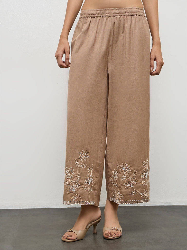 Utsa Brown Floral Embroidered Cotton Pants