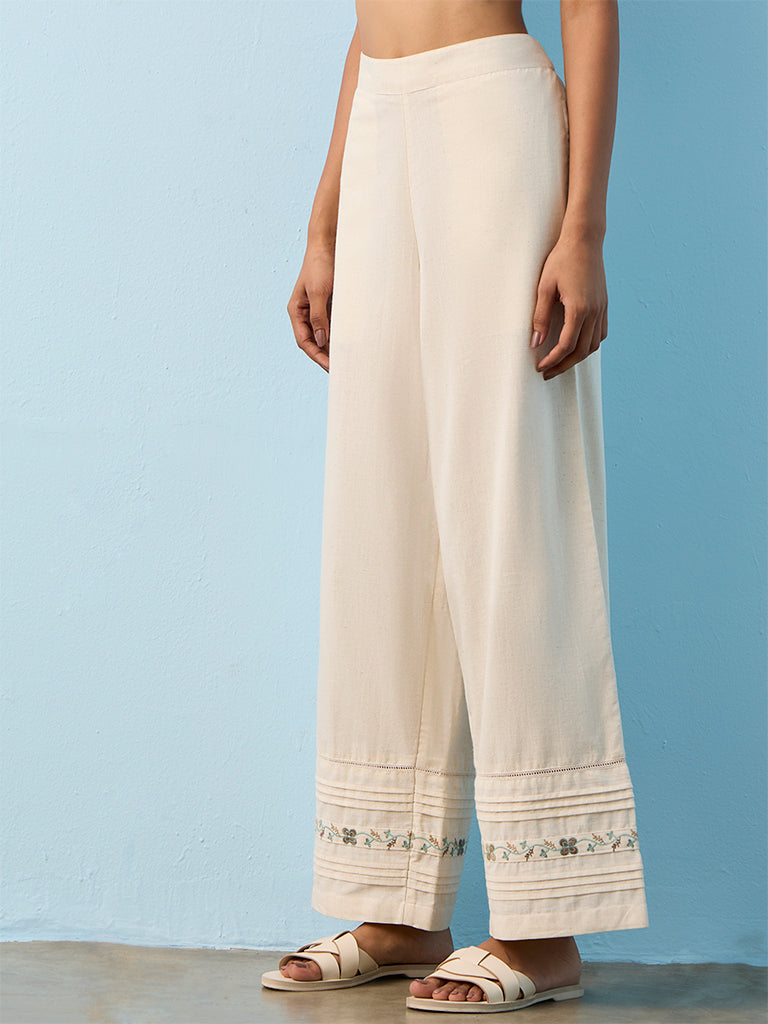 Utsa Off-White Floral Embroidered Cotton-Blend Pants