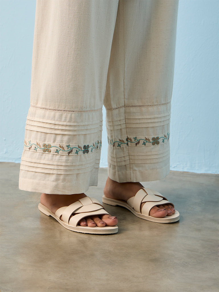 Utsa Off-White Floral Embroidered Cotton-Blend Pants