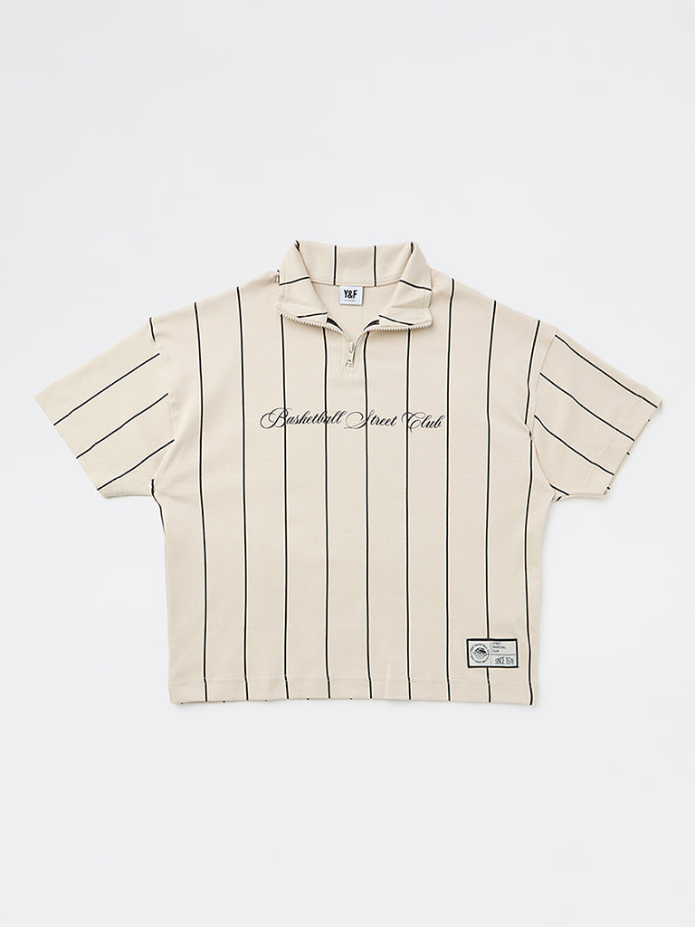 Y&F Kids Boys Cream Printed Cotton T-Shirt