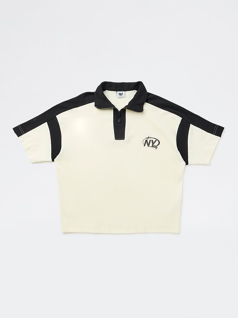 Y&F Kids Boys Cream Text Printed Cotton T-Shirt