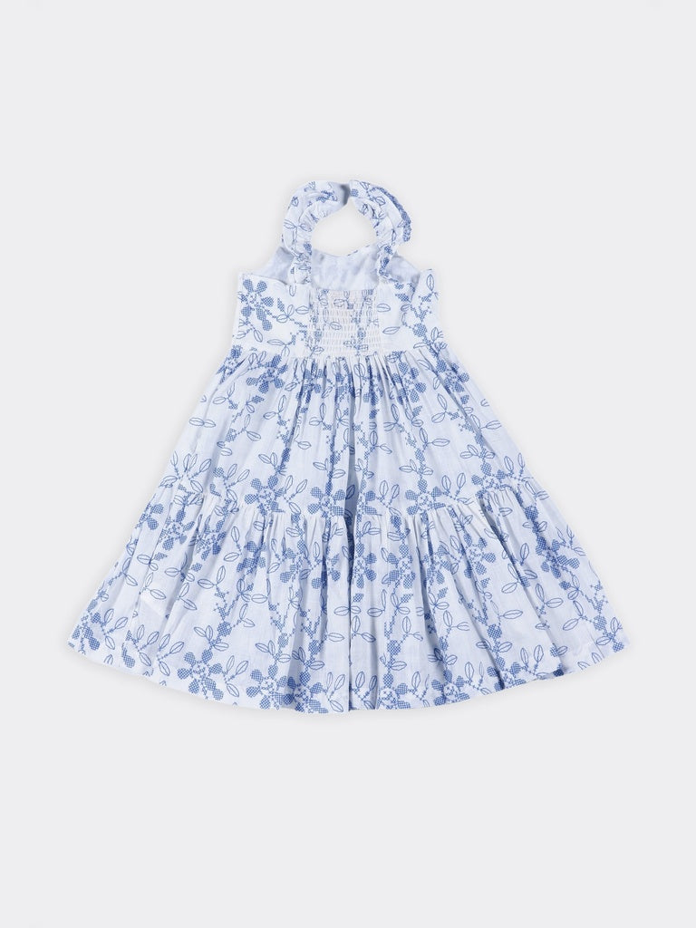 Utsa Kids Girls White Blue Embroidered Cotton Fit and Flare Dress - (2-8 yrs)