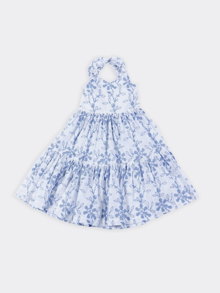 Utsa Kids Girls White Blue Embroidered Cotton Fit and Flare Dress - (2-8 yrs)
