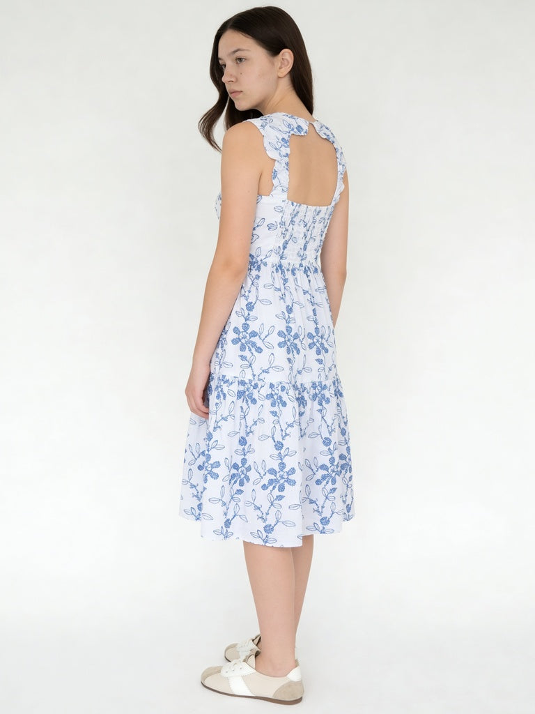 Utsa Kids Girls White Blue Embroidered Cotton Dress - (8-14 yrs)
