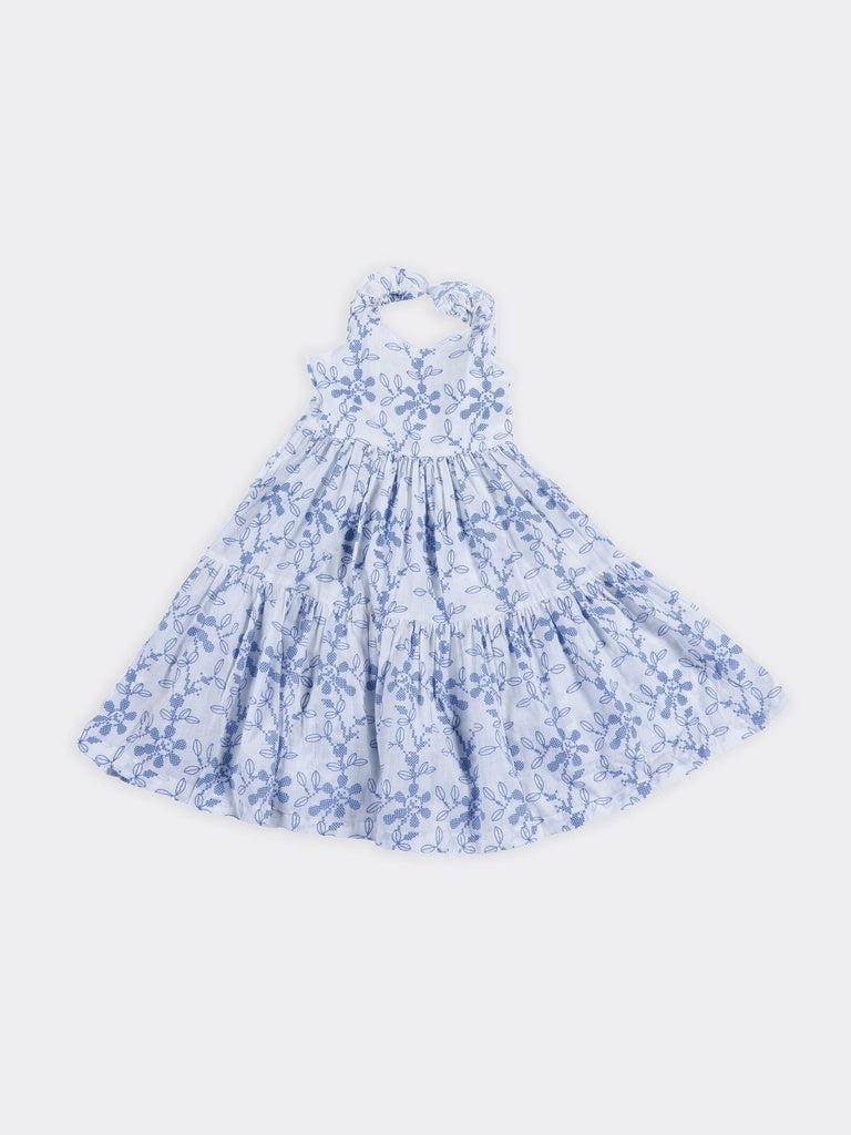 Utsa Kids Girls White Blue Embroidered Cotton Dress - (8-14 yrs)