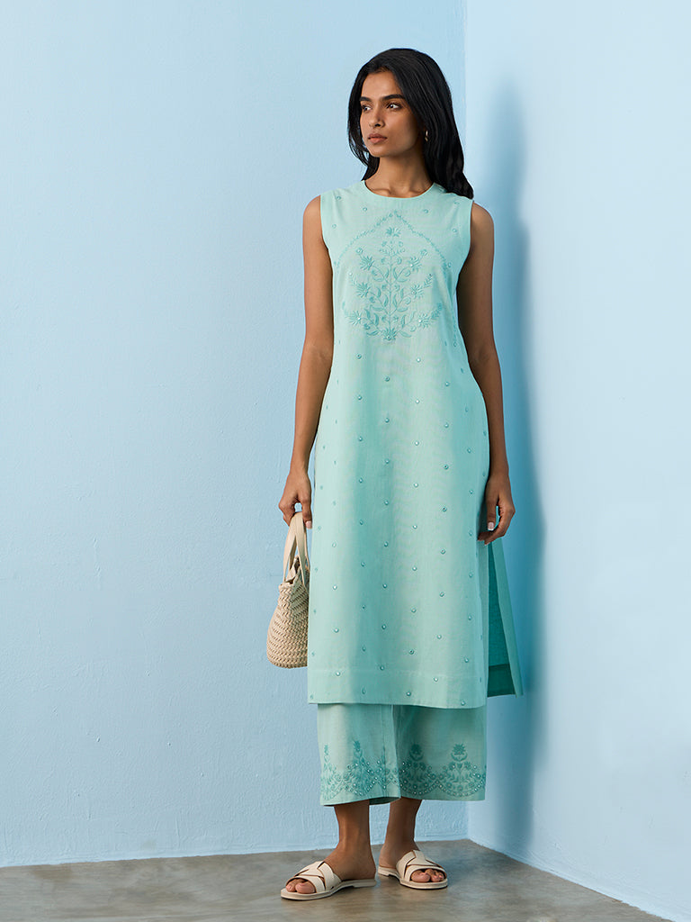 Utsa Aqua Floral Embroidered Cotton-Blend A-Line Kurta