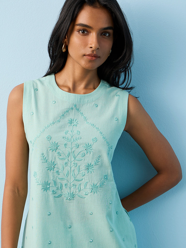 Utsa Aqua Floral Embroidered Cotton-Blend A-Line Kurta