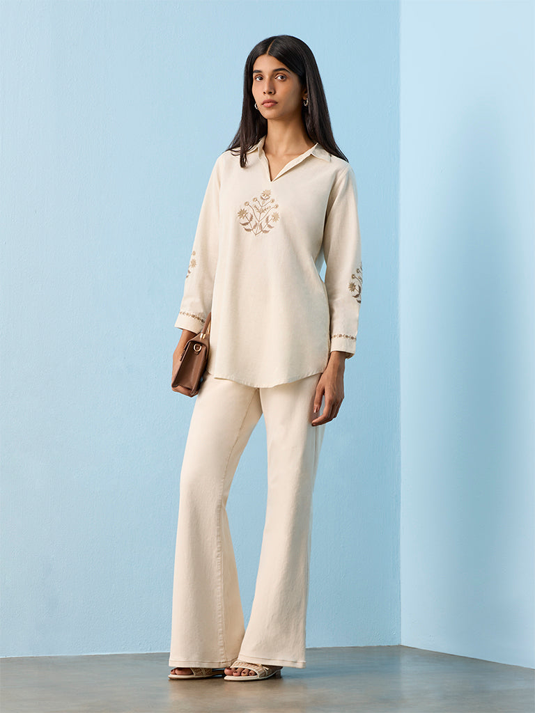 Utsa Off-White Floral Embroidered Cotton-Blend Tunic