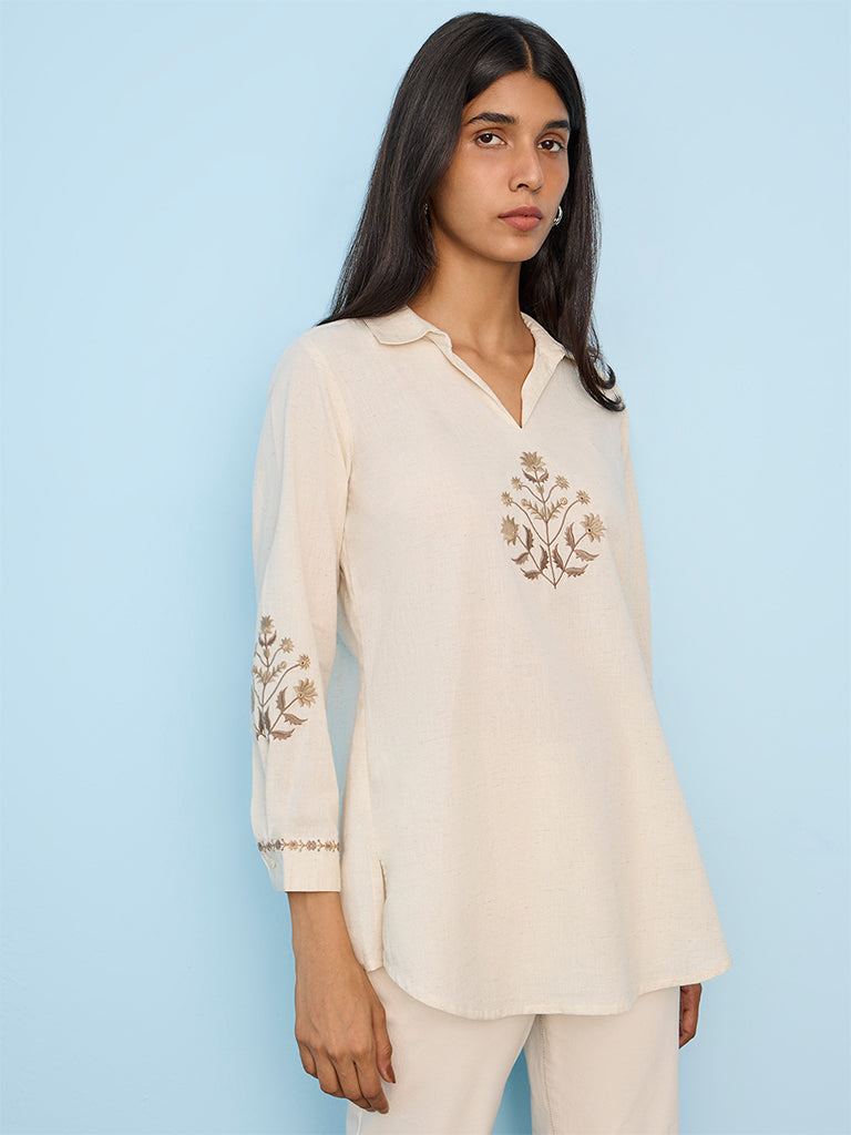 Utsa Off-White Floral Embroidered Cotton-Blend Tunic