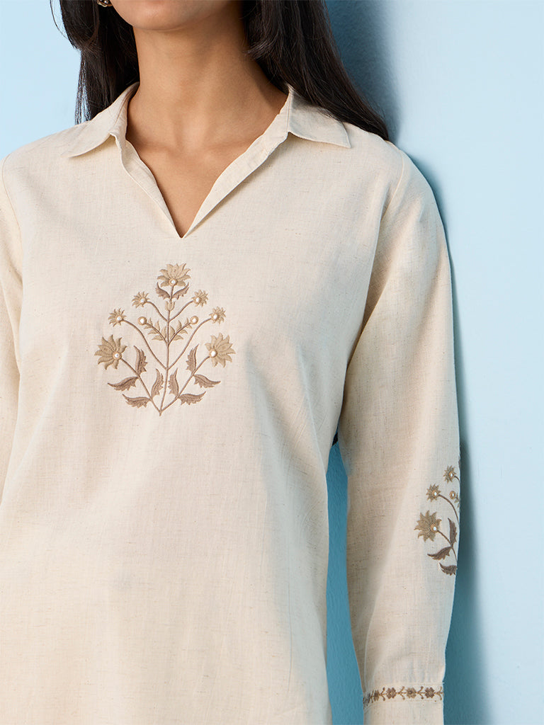 Utsa Off-White Floral Embroidered Cotton-Blend Tunic