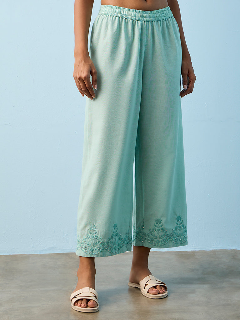 Utsa Aqua Floral Embroidered Cotton-Blend Pants