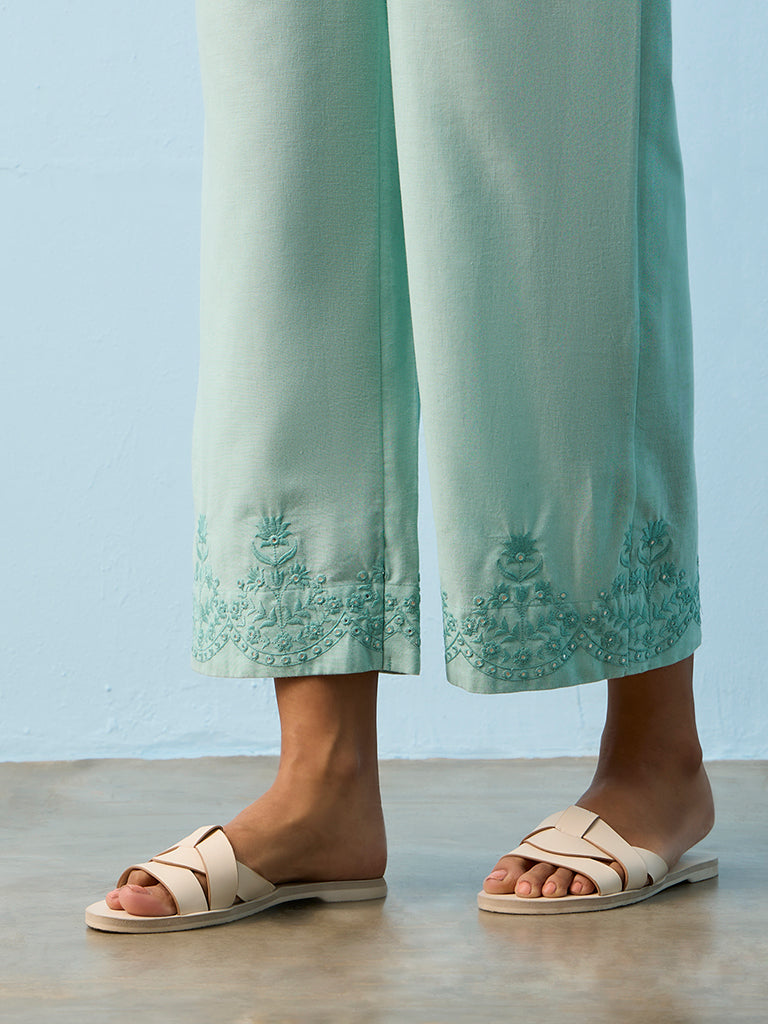 Utsa Aqua Floral Embroidered Cotton-Blend Pants