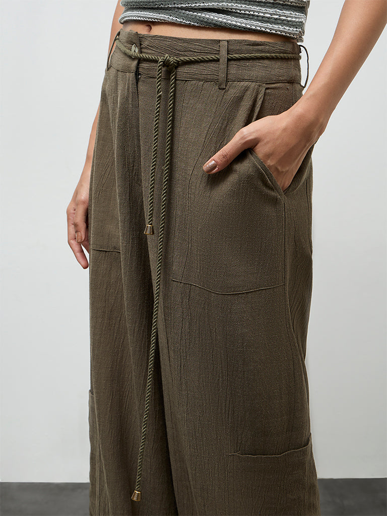 LOV Olive Textured High-Rise Pants