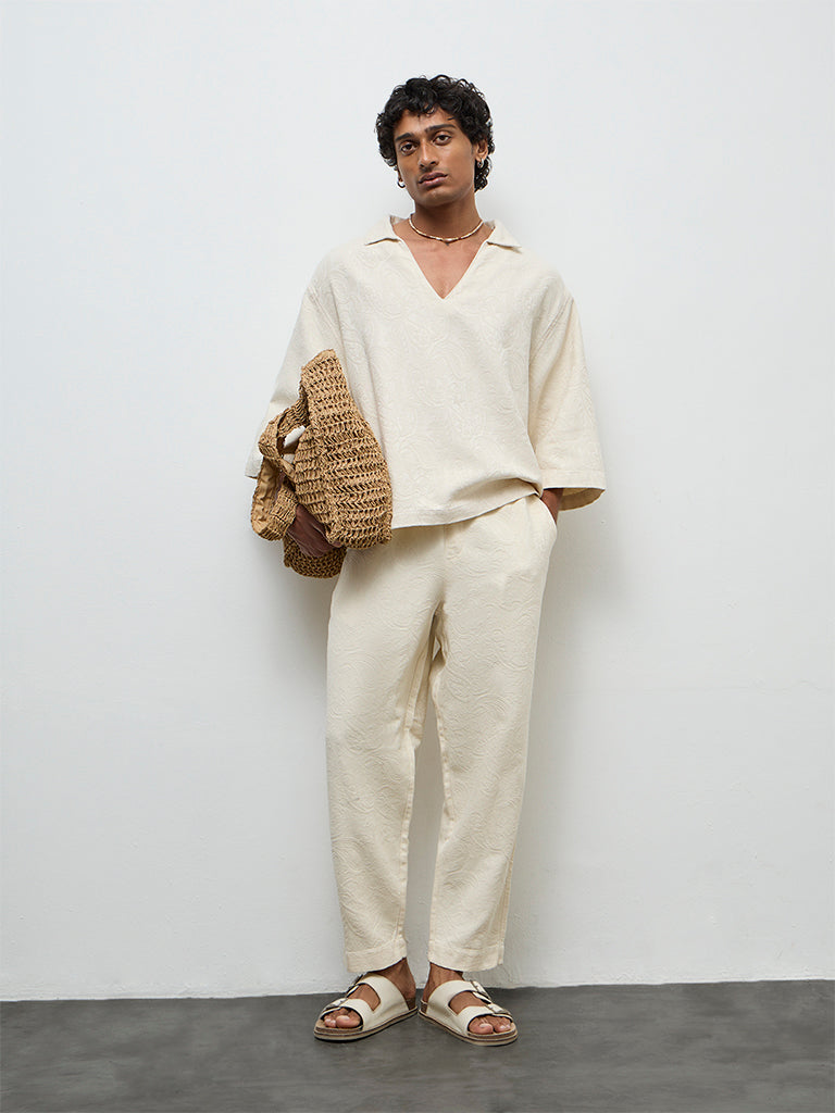 ETA Cream Paisley Design Relaxed-Fit Mid-Rise Cotton Chinos