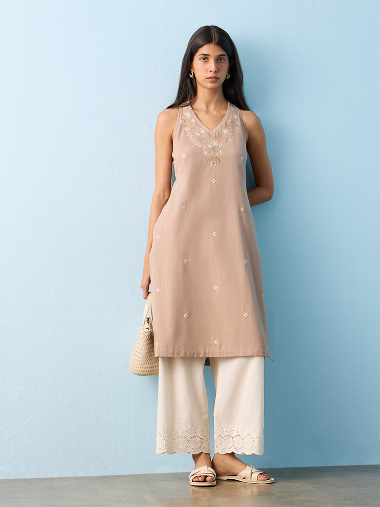Utsa Light Taupe Floral Pattern Cotton-Blend A-line Kurta