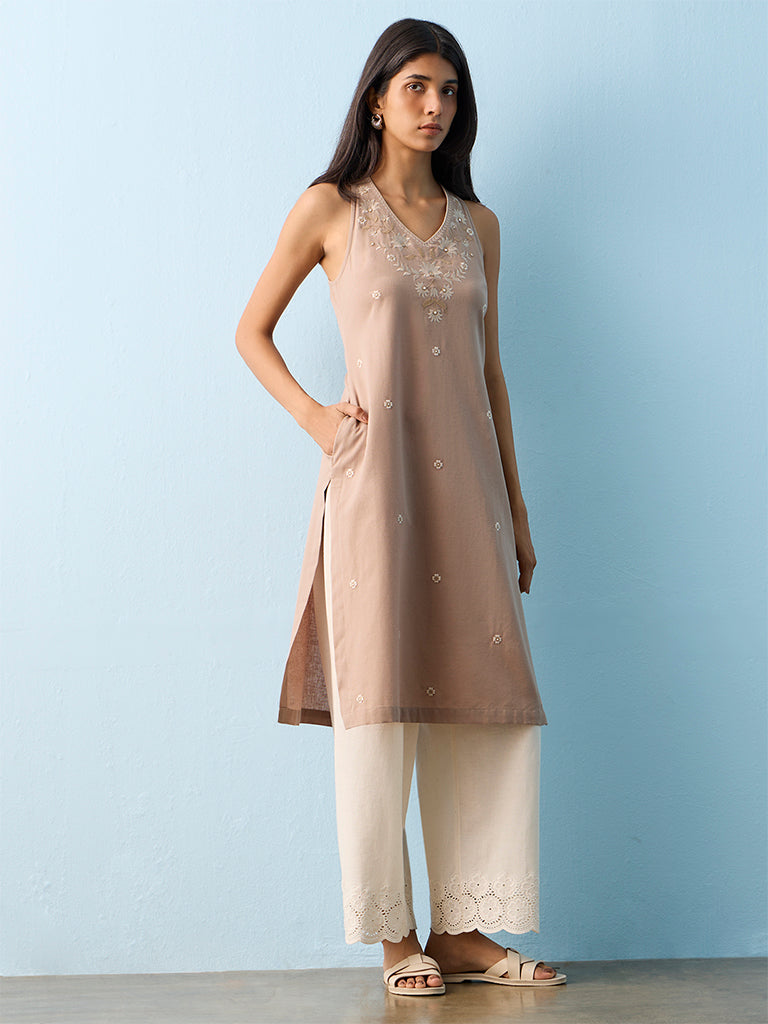 Utsa Light Taupe Floral Pattern Cotton-Blend A-line Kurta