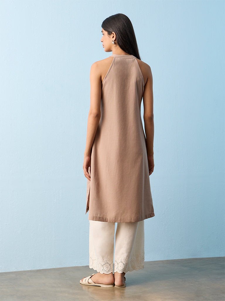 Utsa Light Taupe Floral Pattern Cotton-Blend A-line Kurta