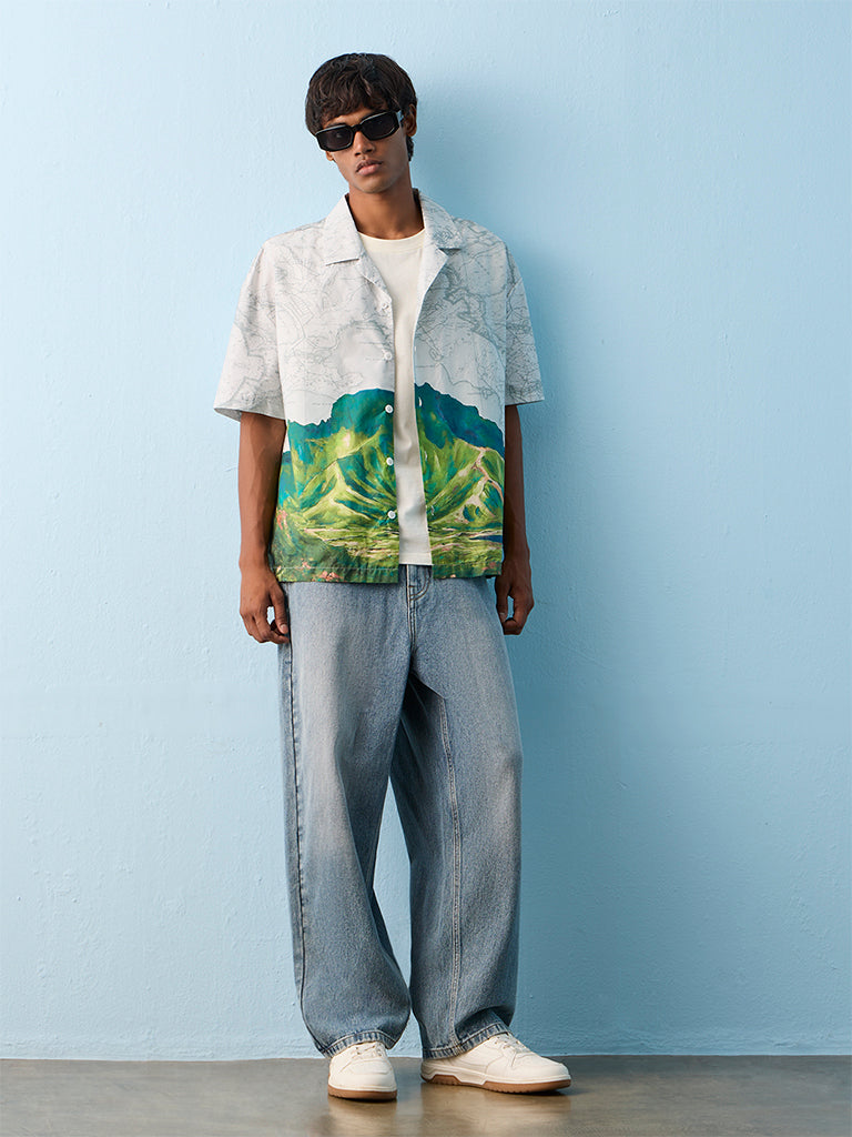Nuon Green Landscape Printed Relaxed-Fit Cotton Shirt