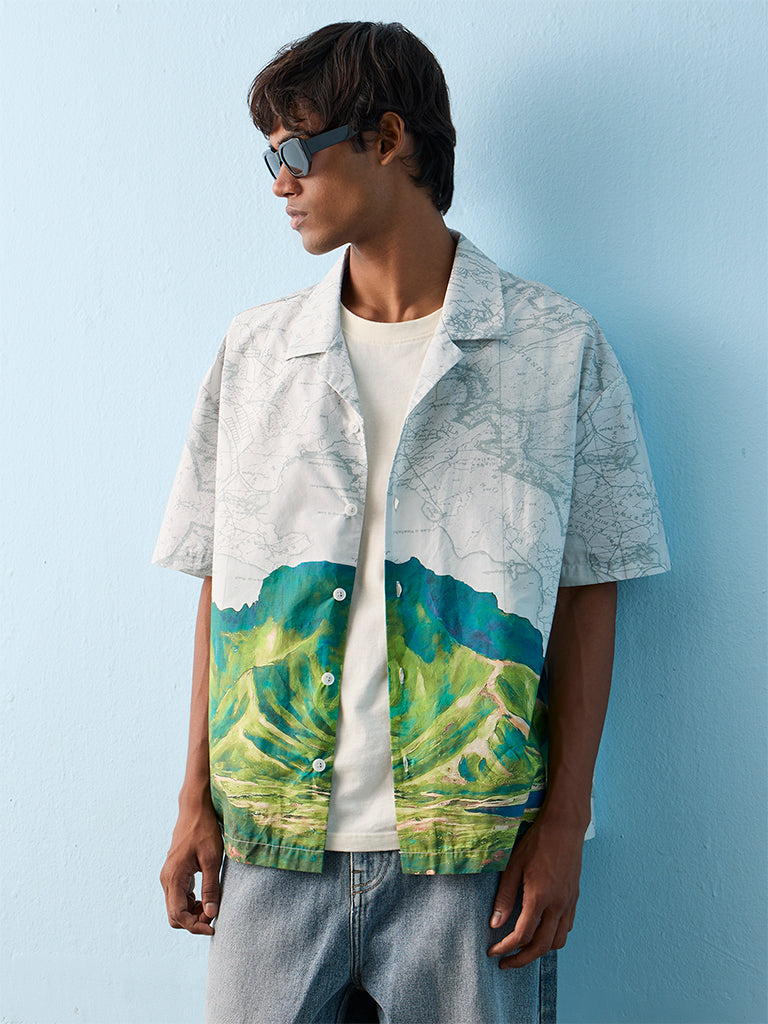 Nuon Green Landscape Printed Relaxed-Fit Cotton Shirt