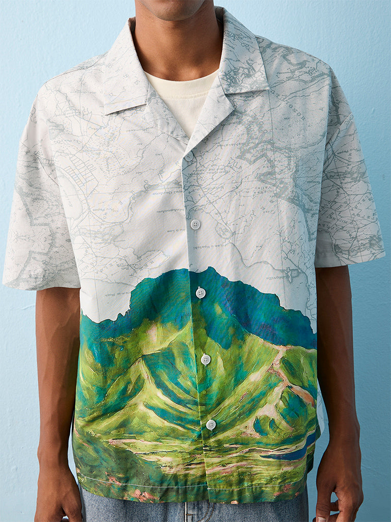 Nuon Green Landscape Printed Relaxed-Fit Cotton Shirt