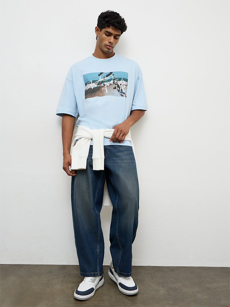 Nuon Blue Graphic Printed Oversized Cotton T-Shirt