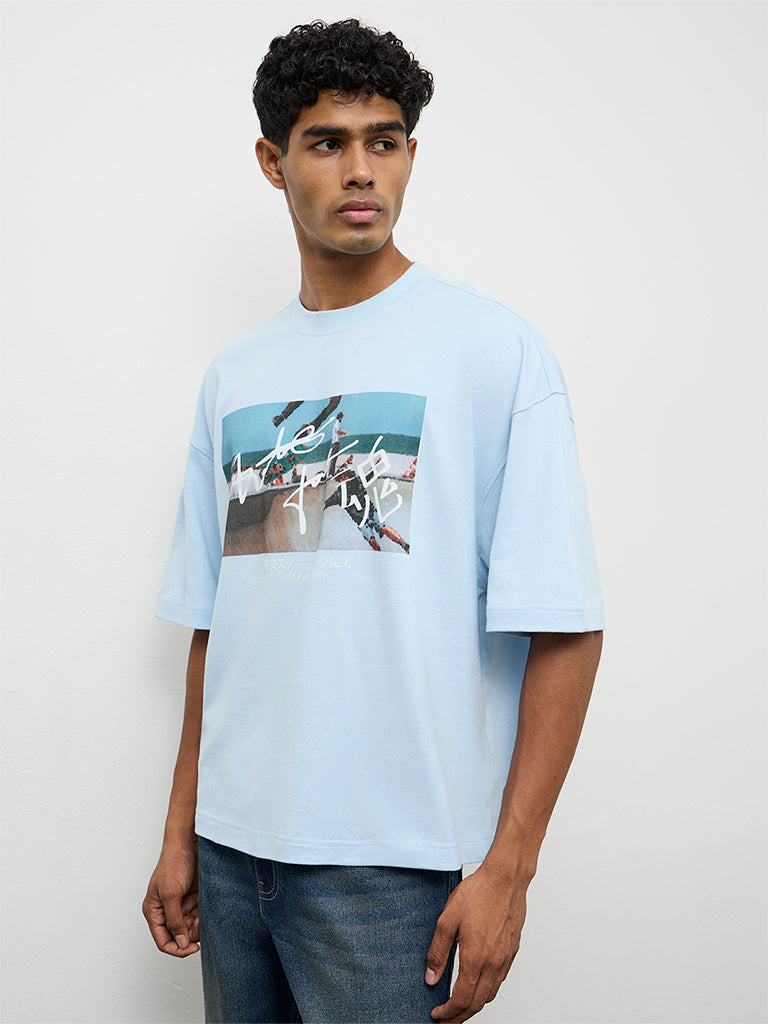 Nuon Blue Graphic Printed Oversized Cotton T-Shirt