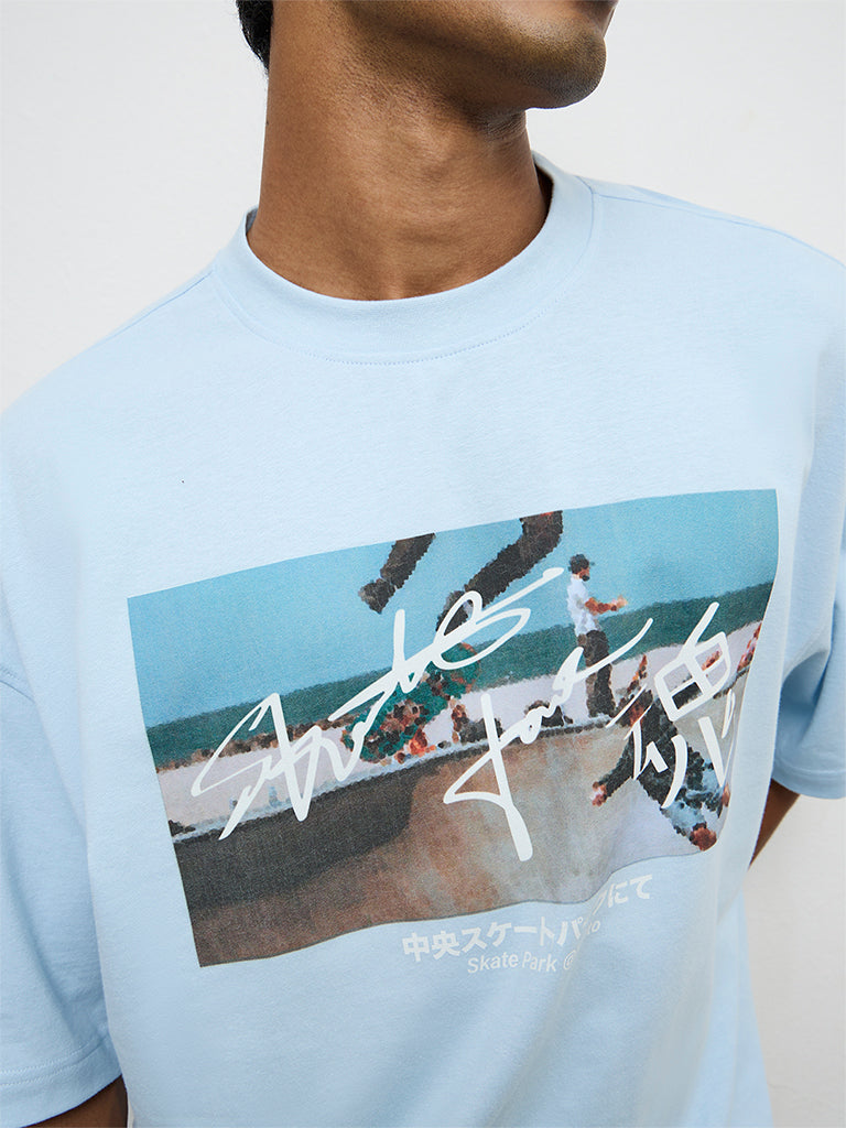 Nuon Blue Graphic Printed Oversized Cotton T-Shirt