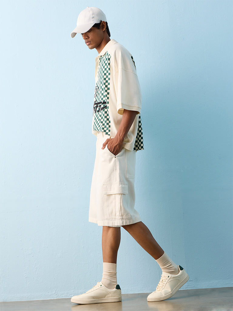 Nuon Green Checkered Relaxed-Fit Cotton Polo T-Shirt