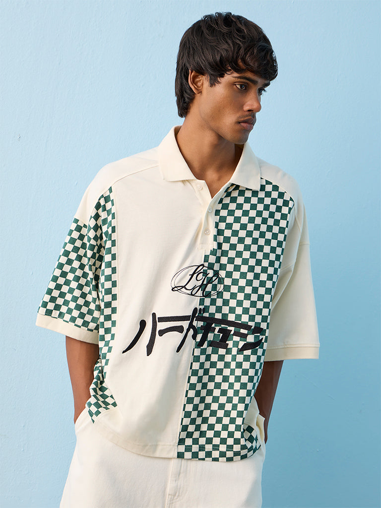 Nuon Green Checkered Relaxed-Fit Cotton Polo T-Shirt