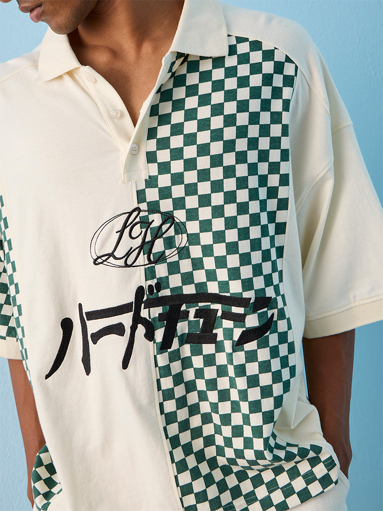 Nuon Green Checkered Relaxed-Fit Cotton Polo T-Shirt