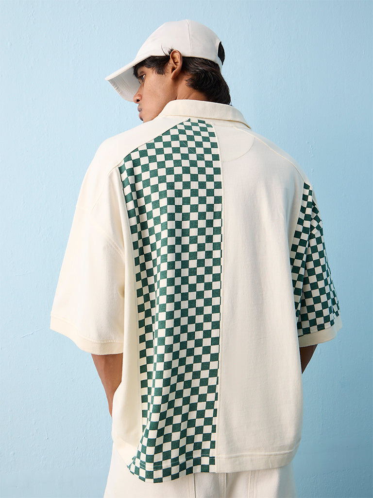 Nuon Green Checkered Relaxed-Fit Cotton Polo T-Shirt