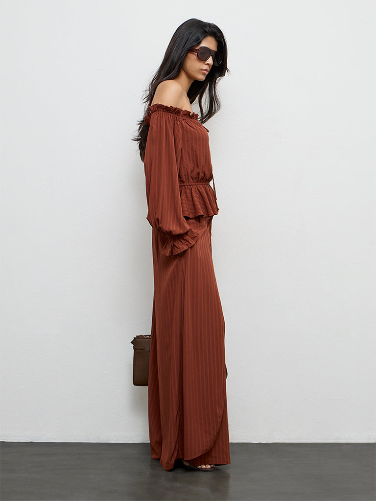 LOV Dark Rust Stripe Textured High-Rise Trousers