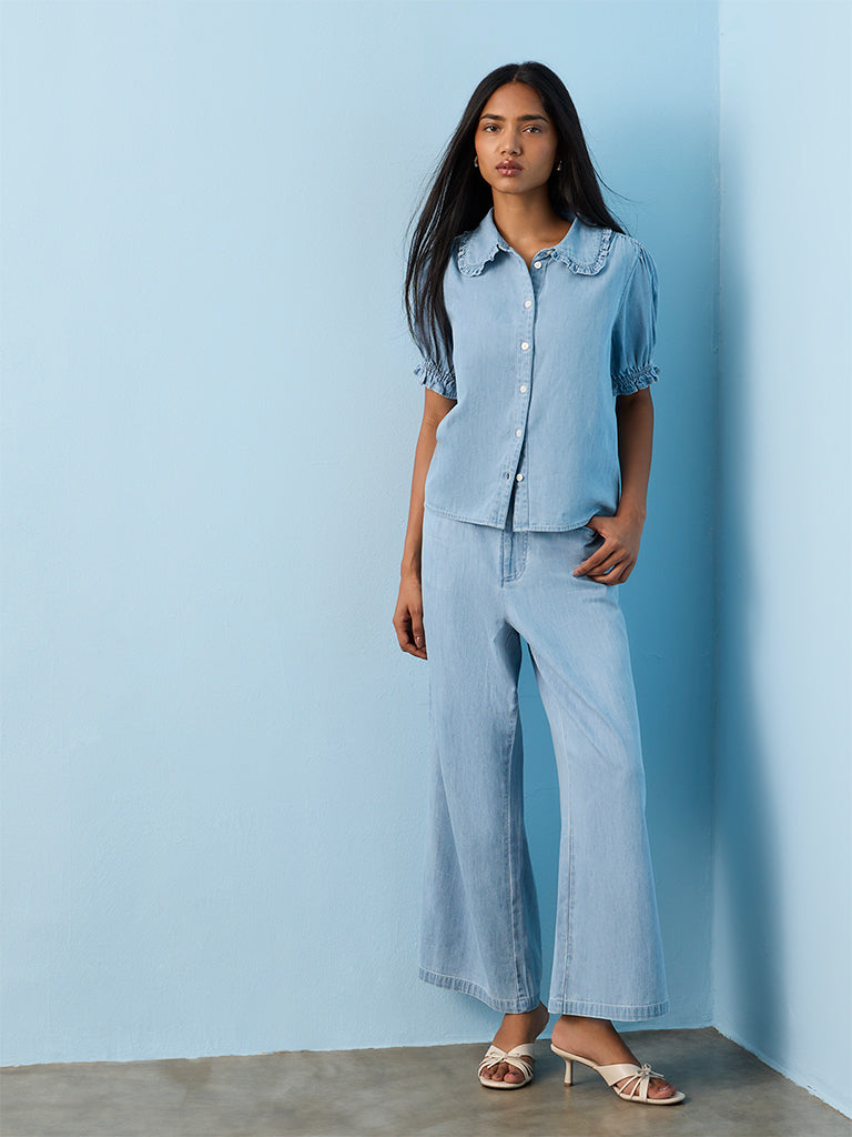 LOV Light Blue Solid Cotton Shirt