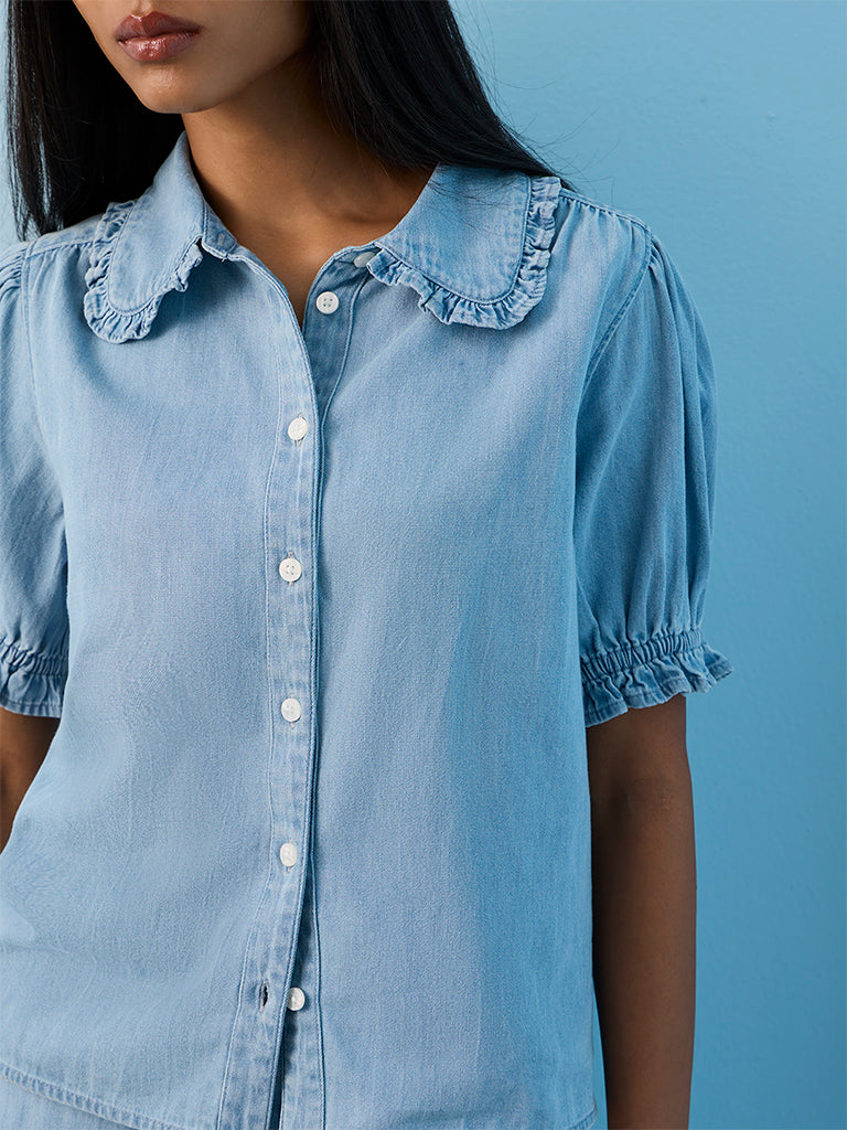 LOV Light Blue Solid Cotton Shirt