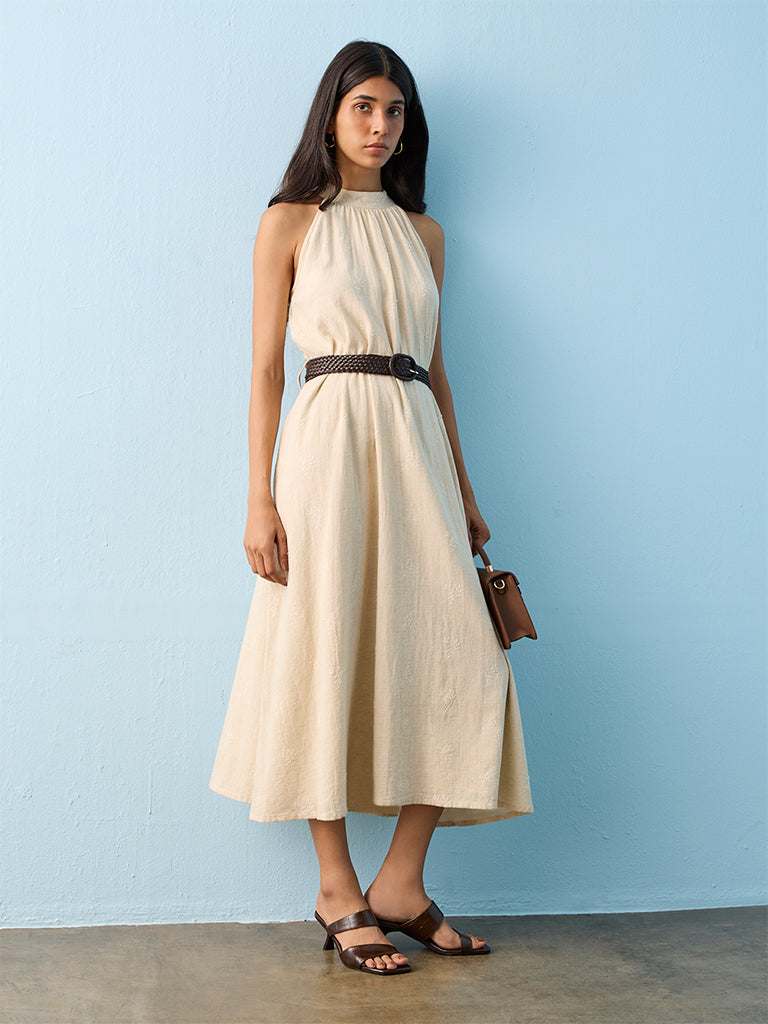 LOV Light Beige Botanical Embroidered A-Line Dress